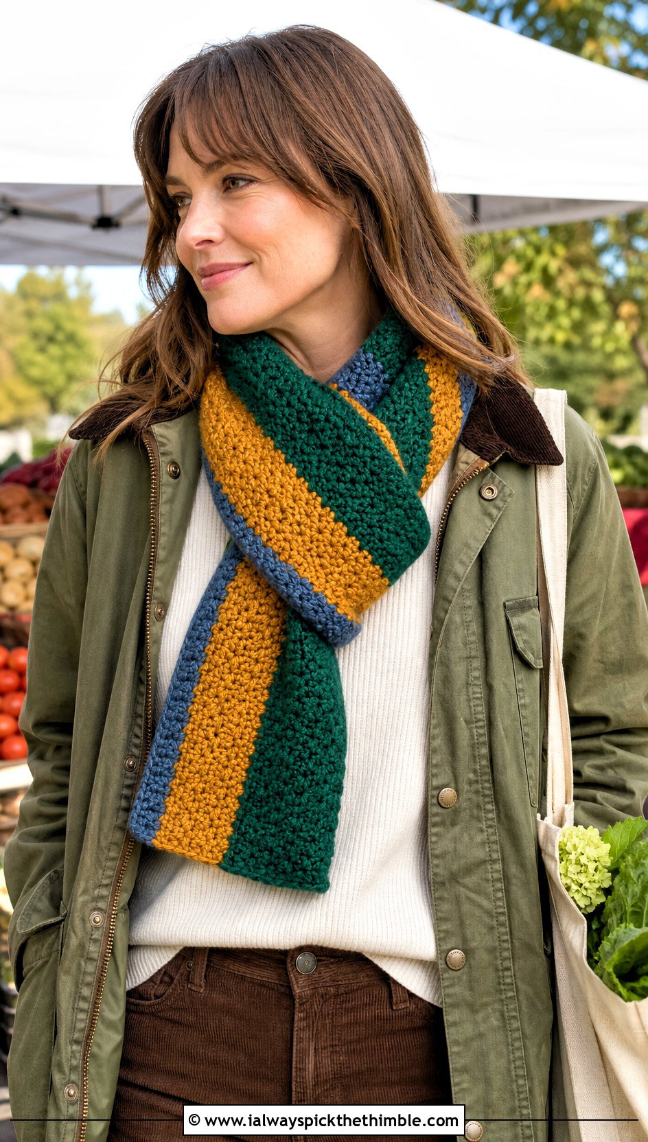 Moss Stitch Stripe Crochet Scarf With Barn Jacket - 20 Stripe Crochet Scarf outfit ideas