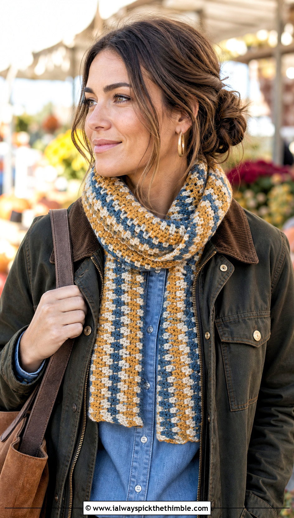Moss Stitch Striped Crochet Scarf With Barn Jacket - 20 crochet striped scarf outfit ideas