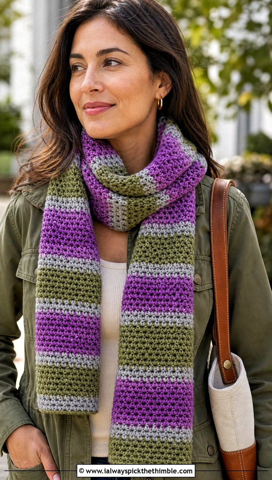 Moss Stitch Striped Crochet Scarf With Utility Jacket - 20 striped crochet scarf outfit ideas