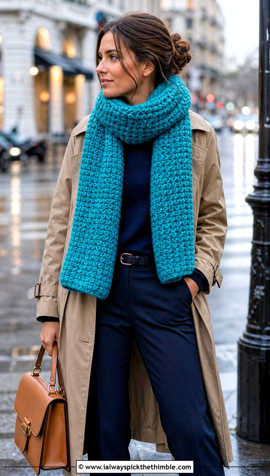 Moss Stitch Super Chunky Crochet Scarf With Trench Coat - 20 Super Chunky Crochet Scarf outfit ideas
