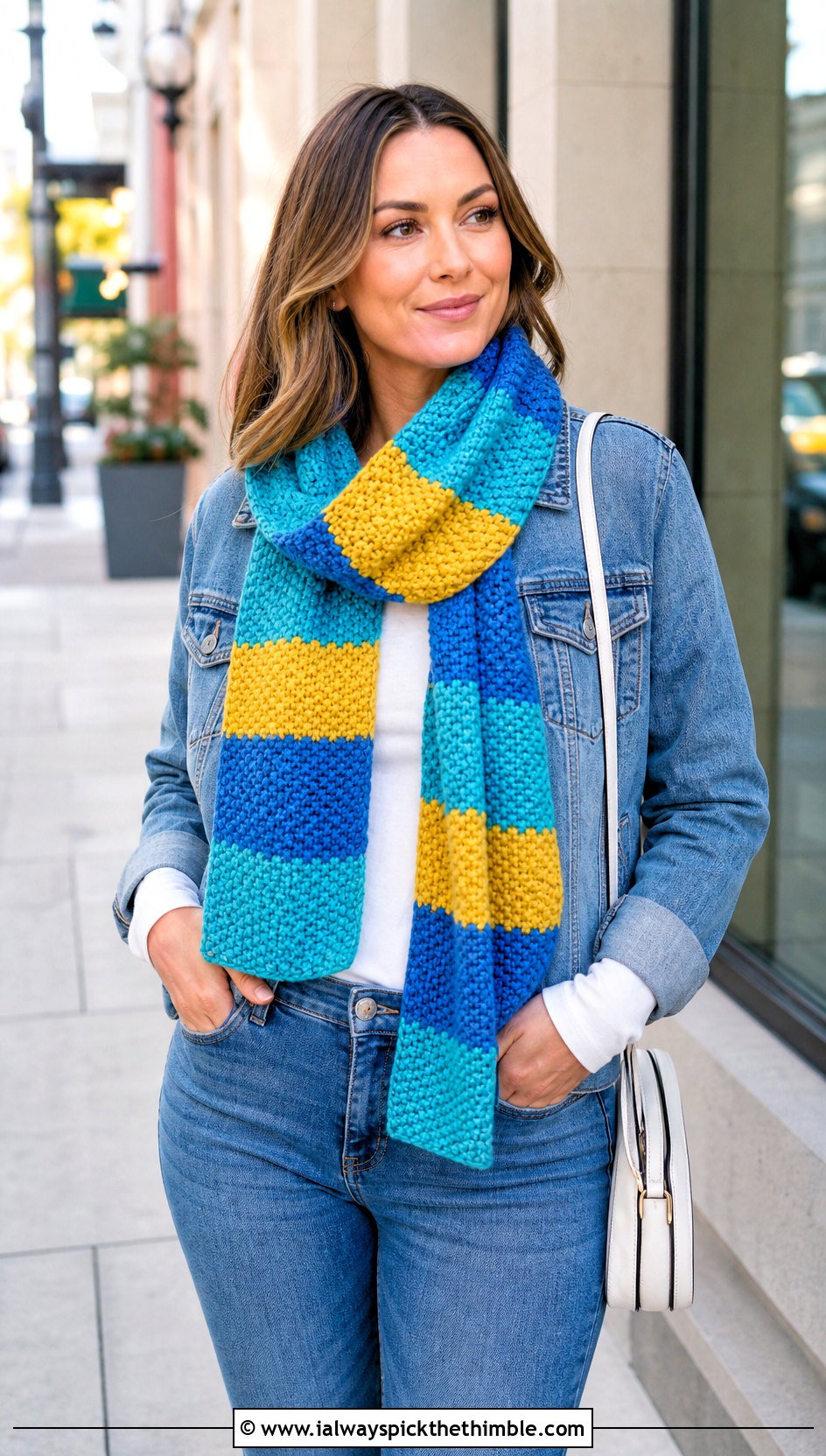 Moss Stitch Temperature Scarf With Denim Jacket - 20 crochet temperature scarf outfit ideas