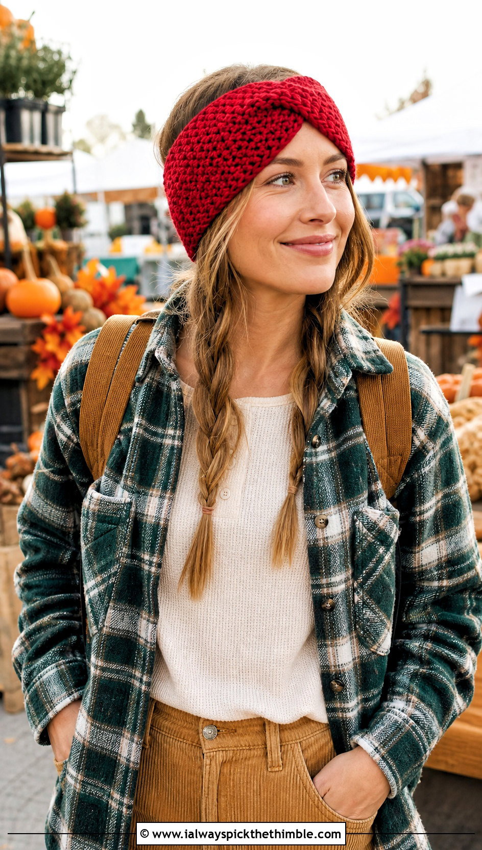 Moss Stitch Twist Crochet Ear Warmer With Corduroy Pants - 20 twist crochet ear warmer outfit ideas