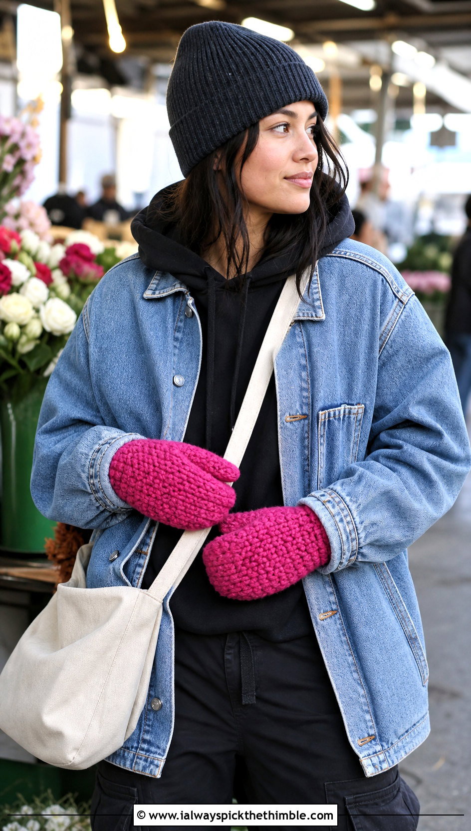 Moss Stitch Velvet Crochet Mittens With Denim Chore Jacket - 20 velvet crochet mittens outfit ideas