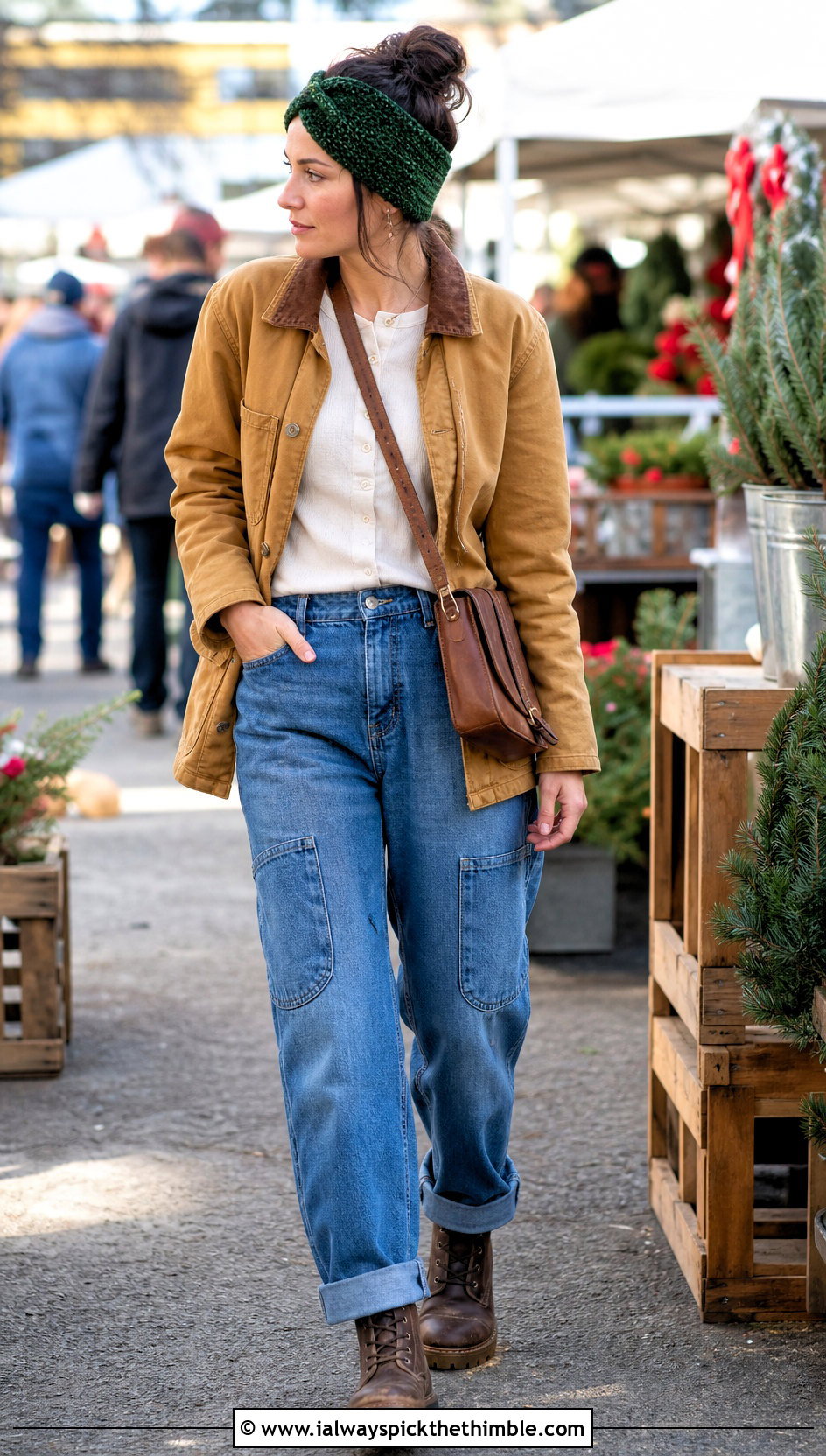 Moss Stitch Velvet Twist Crochet Headband With Barn Jacket And Utility Jeans - 20 Velvet Twist Crochet Headband outfit ideas