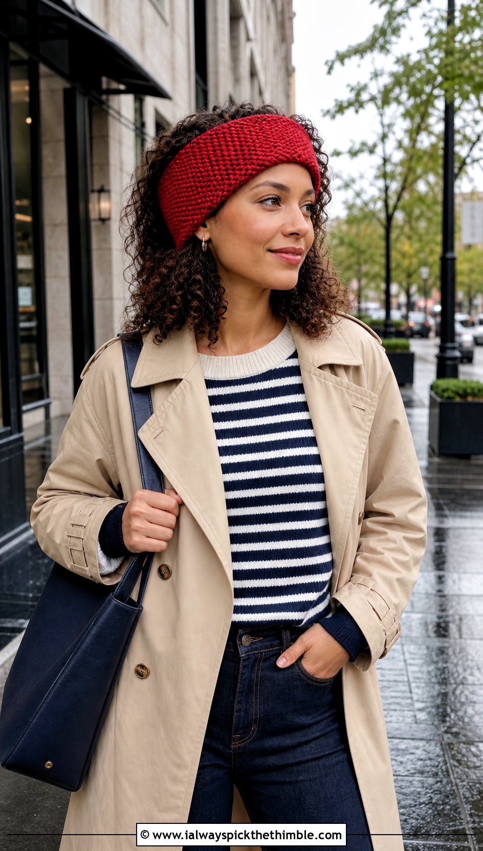 Moss Stitch Wide Crochet Ear Warmer With Trench Coat - 15 Wide Crochet Ear Warmer outfit ideas