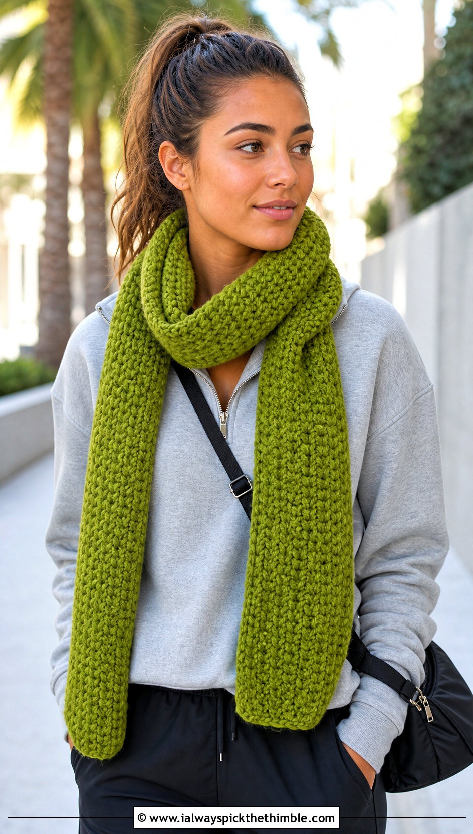 Moss Stitch Wool Ease Crochet Scarf With Track Pants - 15 wool ease crochet scarf outfit ideas
