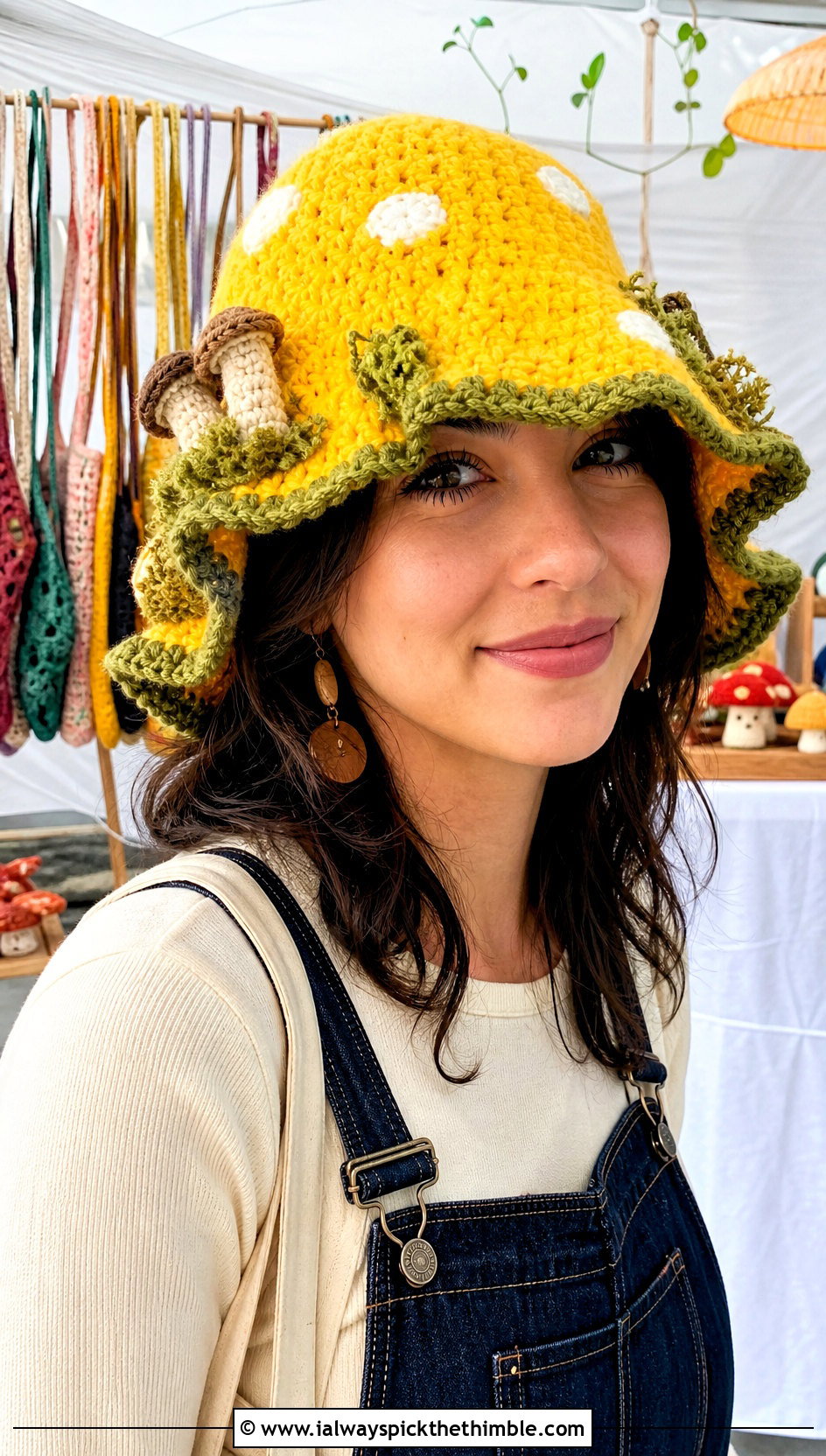 Moss Trimmed Mushroom Crochet Hat With Overalls - 25 crochet mushroom hat outfit ideas