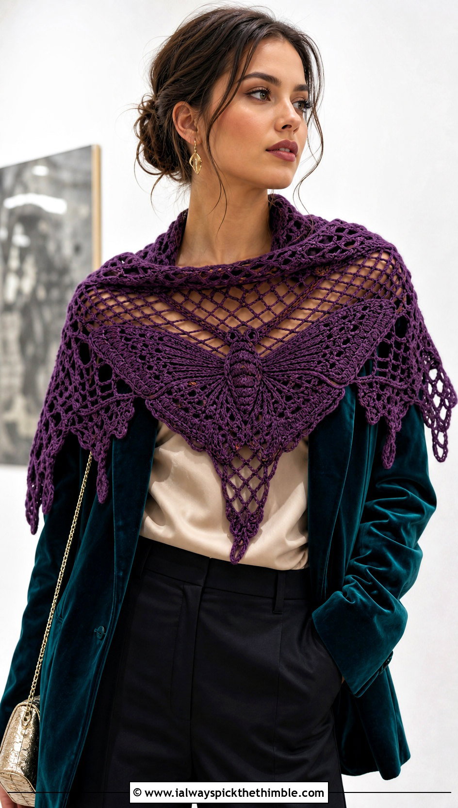 Moth Lace Halloween Scarf With Velvet Blazer - 20 crochet halloween scarf outfit ideas