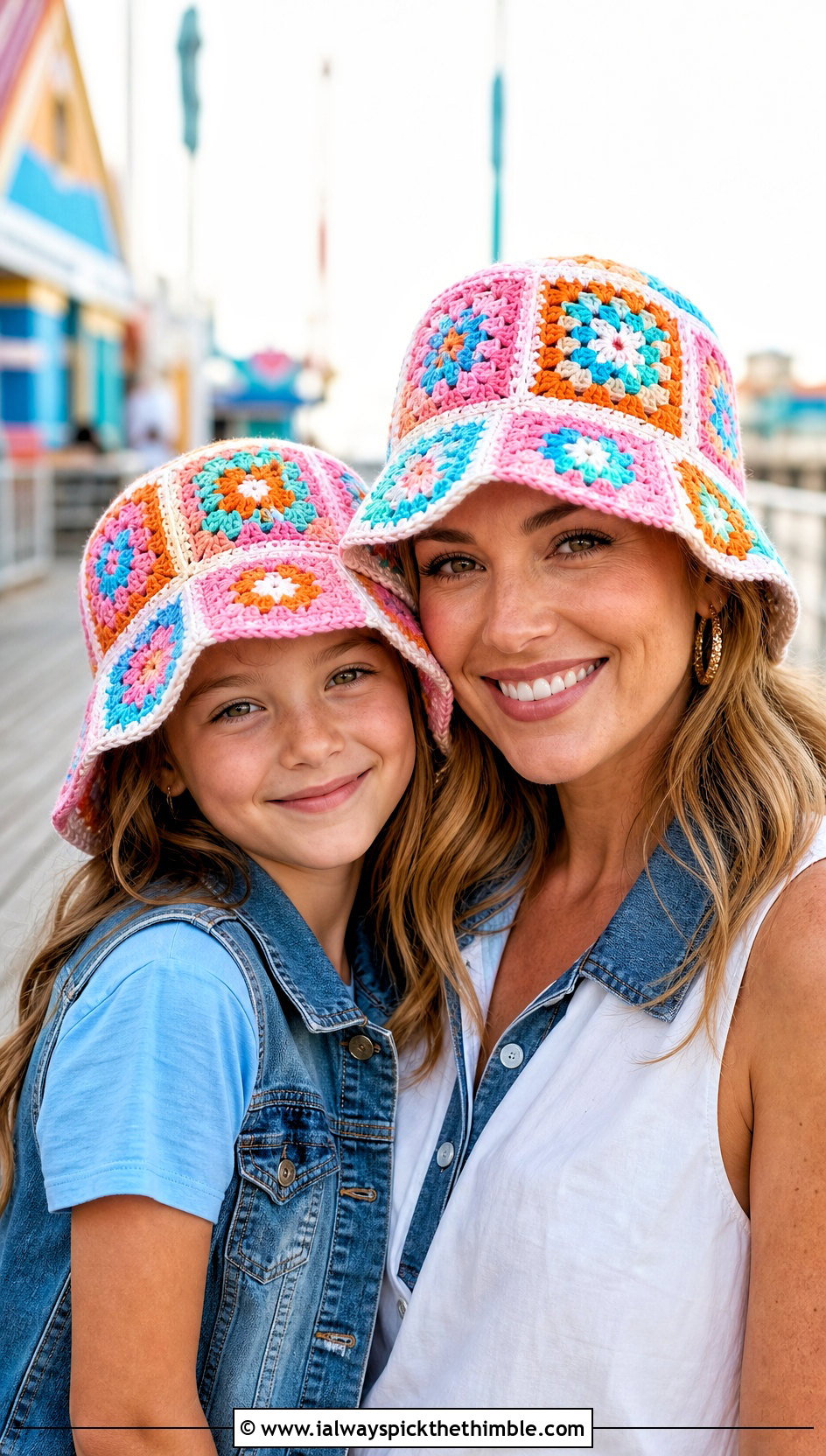 Mother Daughter Granny Square Crochet Bucket Hats With Summer Denim - 20 Mother Daughter Crochet Hats outfit ideas