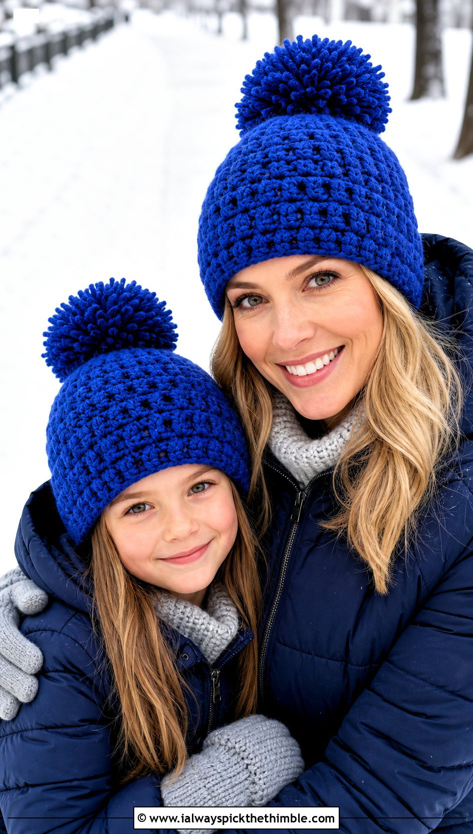 Mother Daughter Pom Pom Crochet Beanies With Puffer Coats - 20 Mother Daughter Crochet Hats outfit ideas