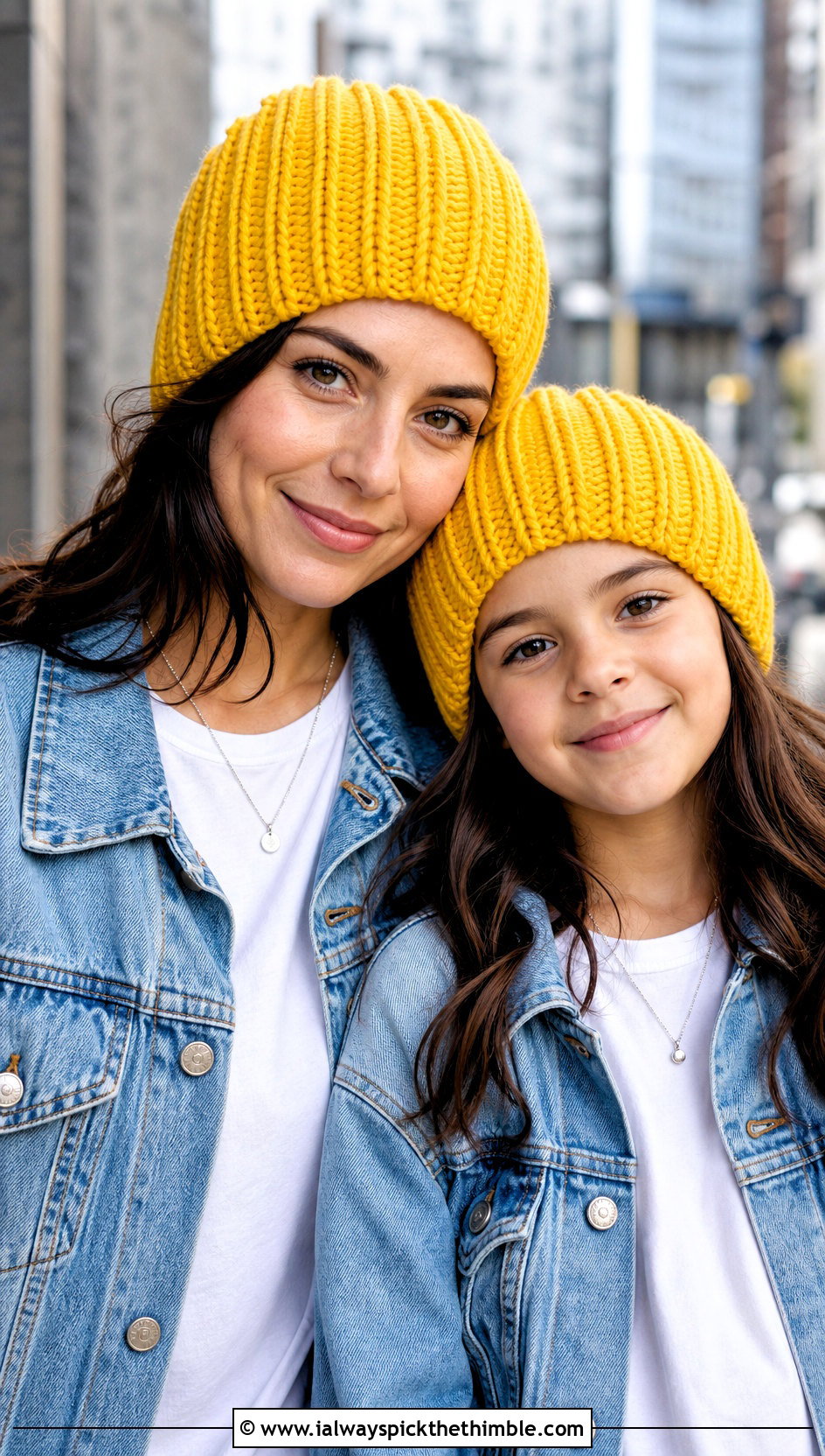 Mother Daughter Ribbed Crochet Beanies With Denim Jackets - 20 Mother Daughter Crochet Hats outfit ideas
