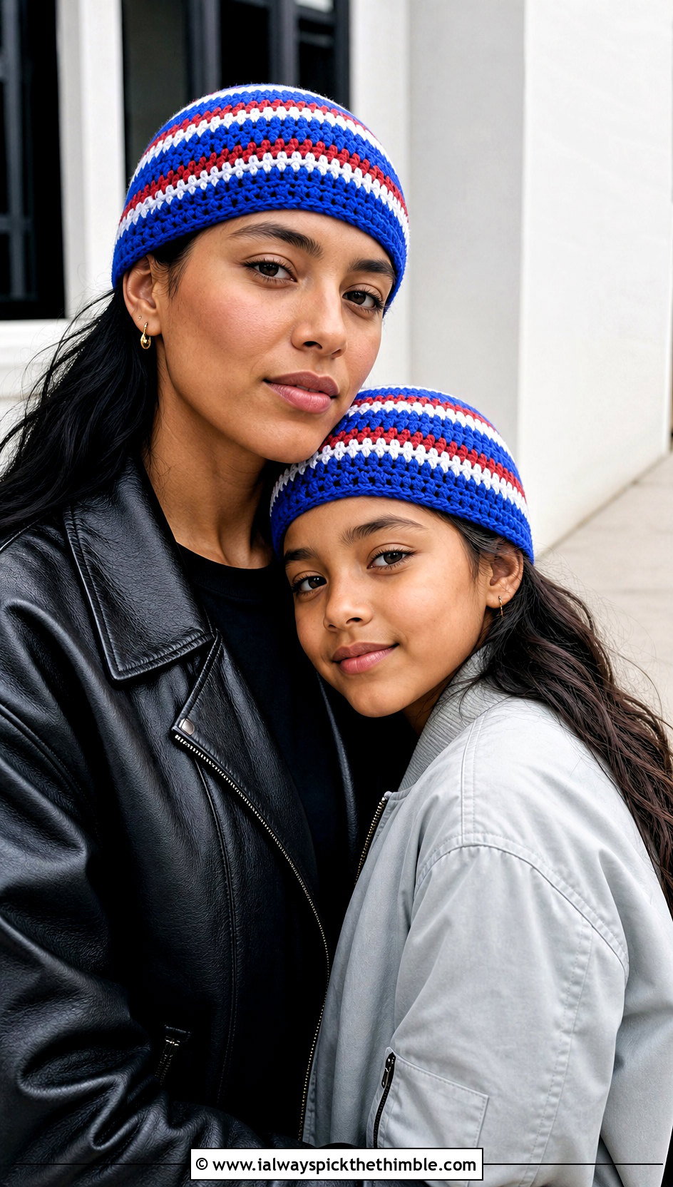 Mother Daughter Striped Crochet Skull Caps With Minimal Outfits - 20 Mother Daughter Crochet Hats outfit ideas