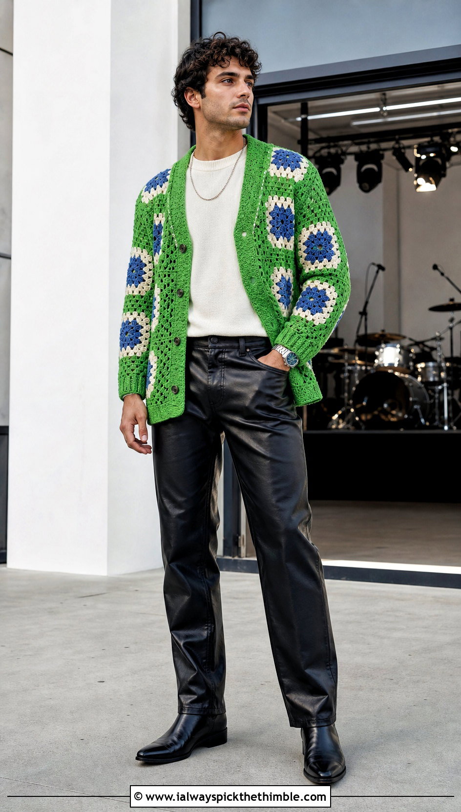 Motif Crochet Cardigan With Leather Pants - 25 crochet cardigan men outfit ideas