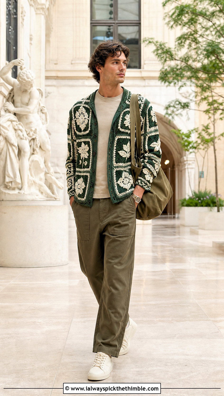Motif Crochet Cardigan With Utility Trousers - 20 crochet man cardigan outfit ideas