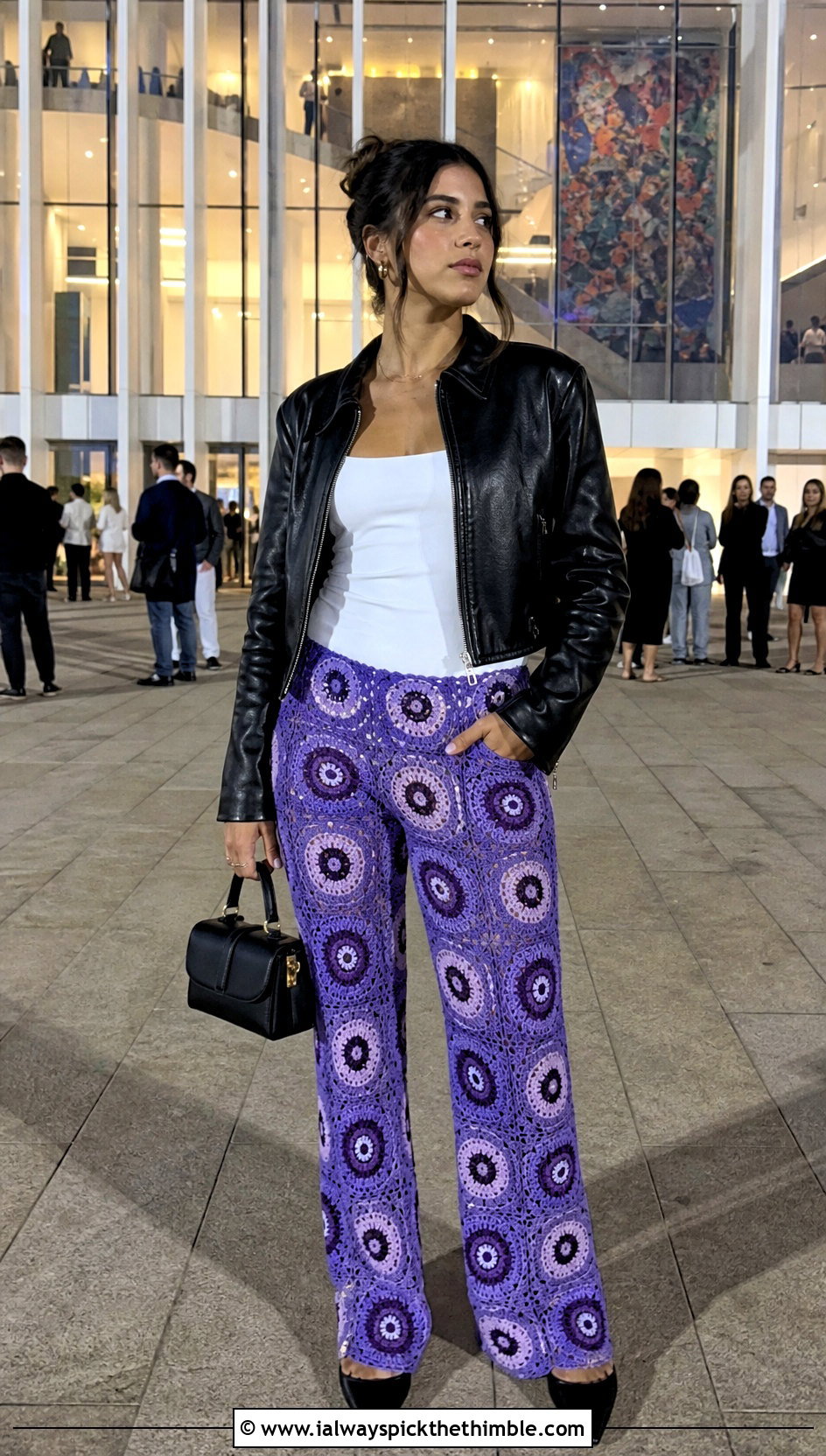 Motif Crochet Pants With Leather Jacket - 25 Summer Crochet Pants Outfit ideas