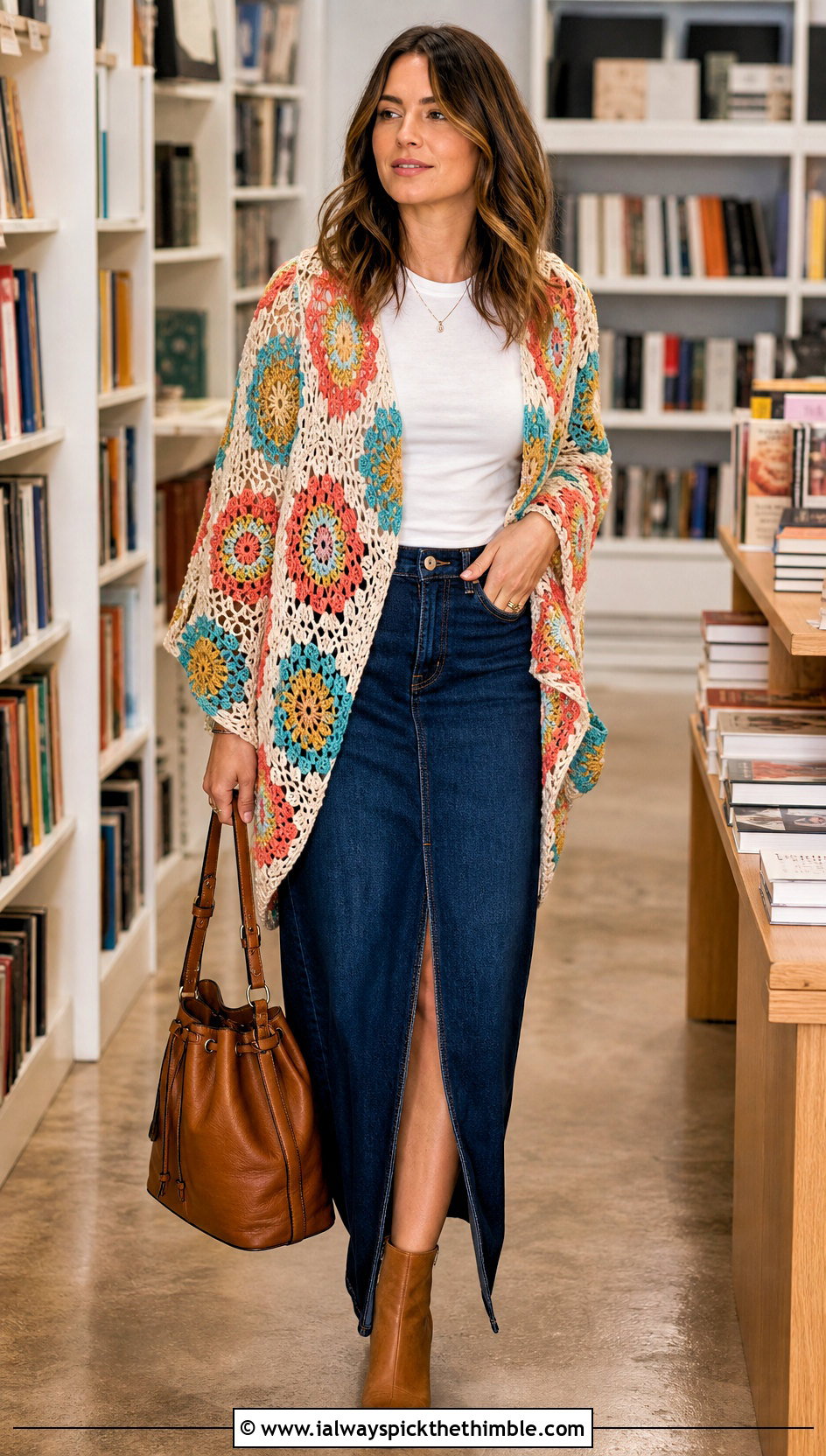 Motif Crochet Sweater Shawl With A Denim Maxi Skirt - 20 crochet sweater shawl outfit ideas
