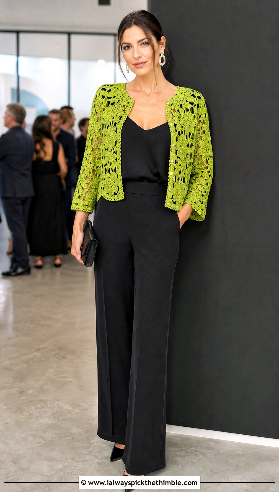 Motif Cropped Crochet Cardigan With Evening Trousers - 25 cropped crochet cardigan outfit ideas