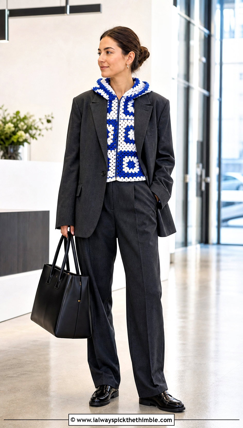 Motif Granny Square Hoodie With Tailored Suit - 25 granny square hoodie outfit ideas