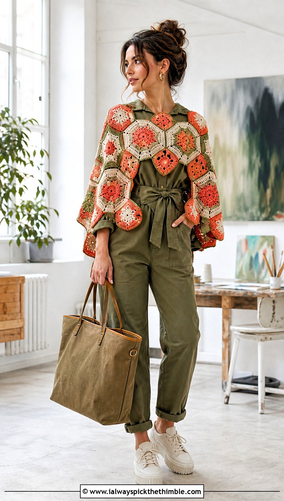 Motif Hexagon Crochet Poncho Over A Utility Jumpsuit - 20 Hexagon Crochet Poncho outfit ideas