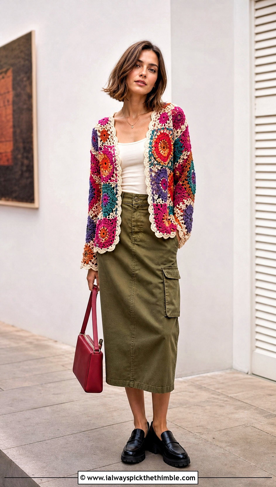 Motif Patchwork Lace Cardigan With Utility Skirt - 20 crochet lacy cardigan outfit ideas