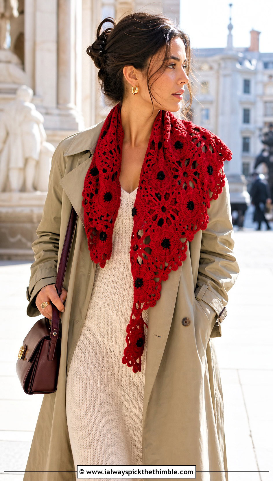 Motif Red Crochet Shawl With Trench Coat And Knit Dress - 15 red crochet shawl outfit ideas