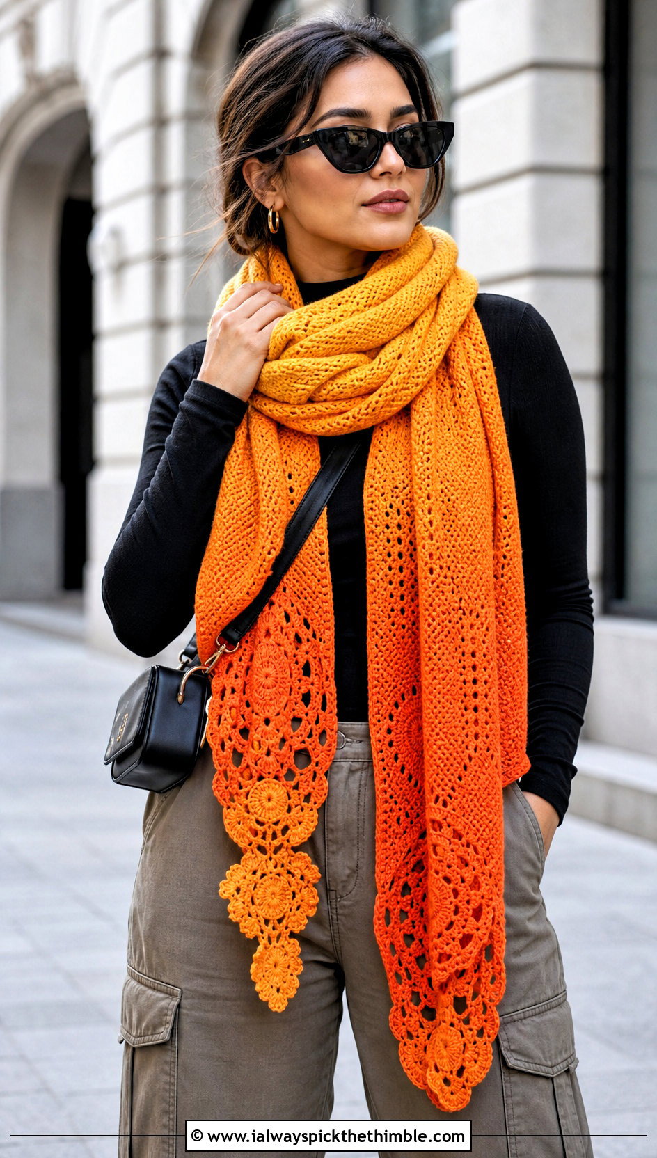 Motif Shawl In A Cake With Cargo Pants - 20 Crochet Shawl In A Cake outfit ideas