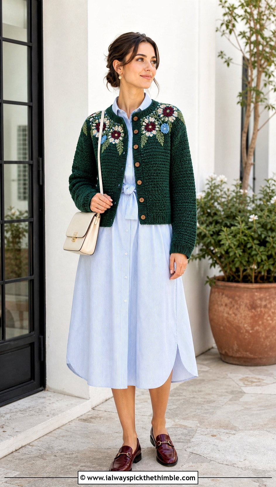 Motif Yoke Crochet Cardigan With Shirt Dress - 20 3 weight yarn crochet cardigan outfit ideas
