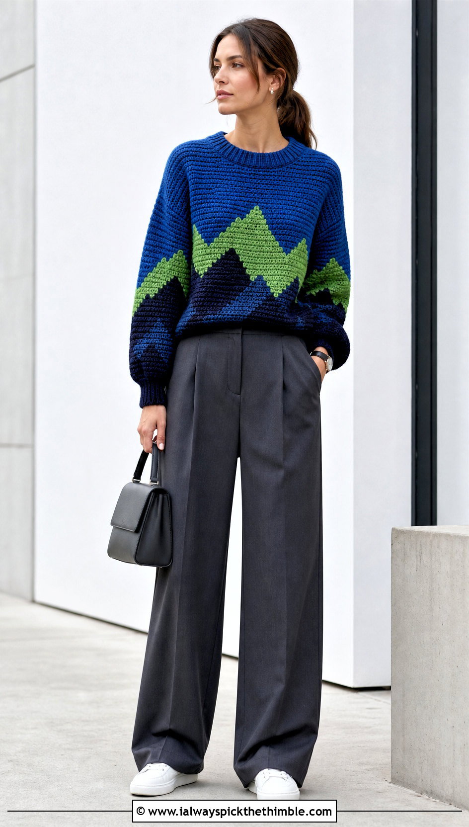 Mountain Silhouette Sweater With Monochrome Trousers - 15 Crochet Mountain Sweater outfit ideas