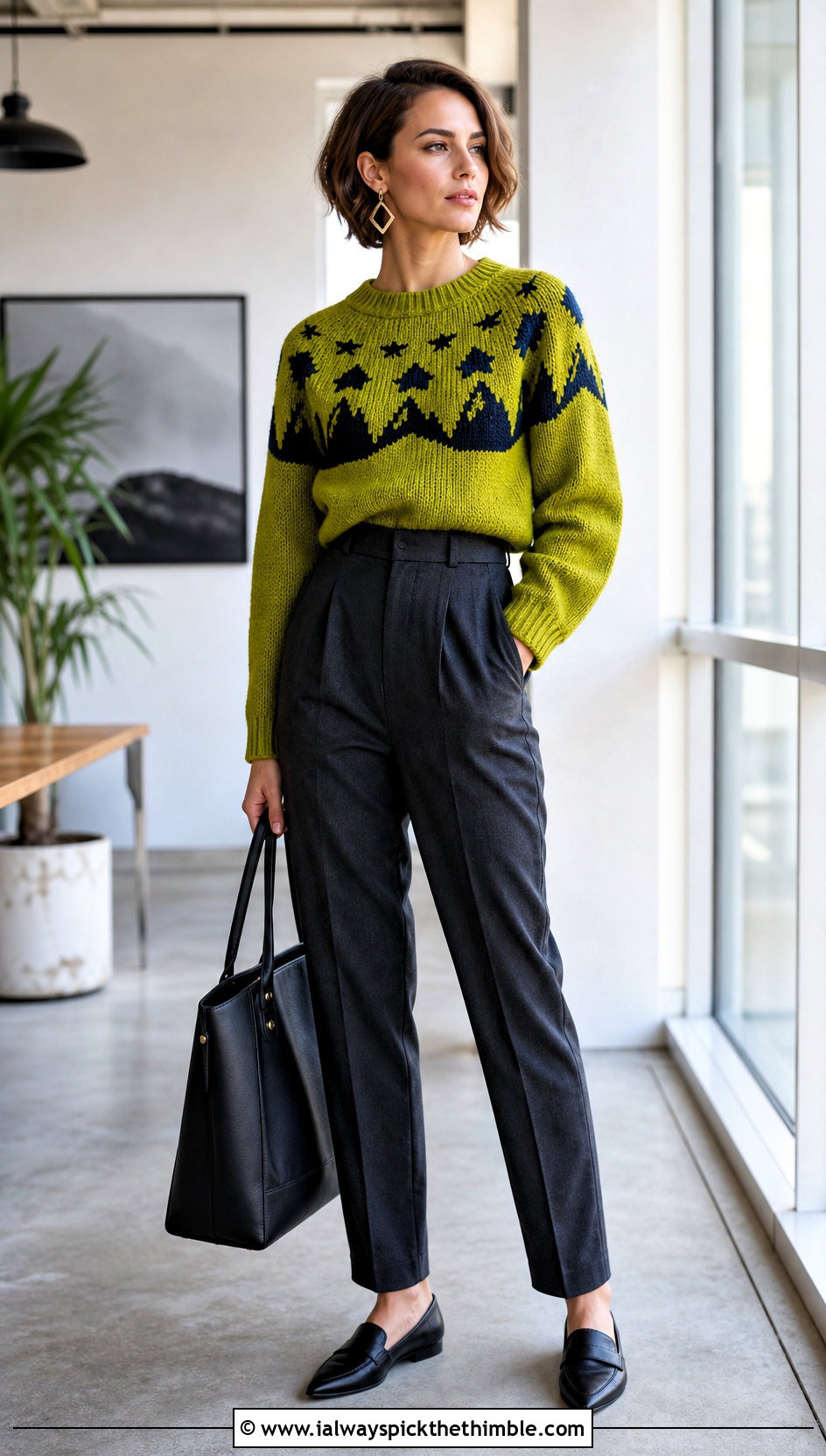 Mountain Sky Yoke Sweater With Tailored Trousers - 15 Crochet Mountain Sweater outfit ideas