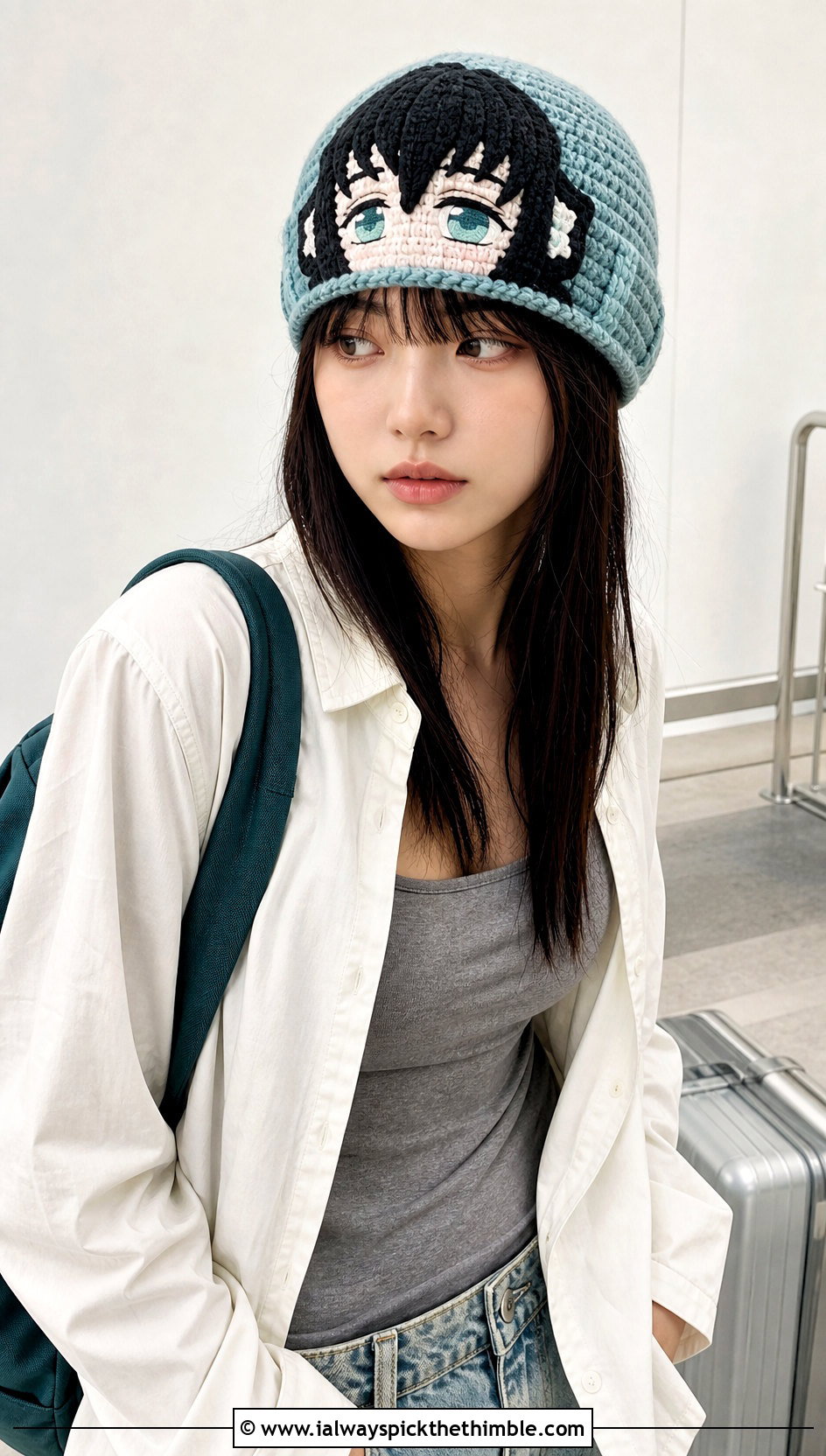 Muichiro Fisherman Beanie With Oversized Shirt and Baggy Jeans - 20 Demon Slayer Crochet Hat outfit ideas