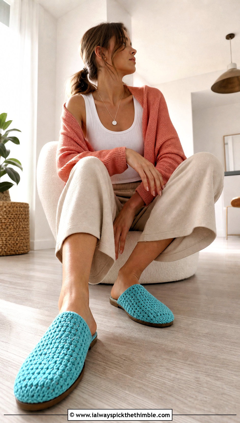 Mule Style Rectangle Crochet Slippers With Wide Leg Lounge Pants - 20 Easy Crochet Slippers From A Rectangle outfit ideas