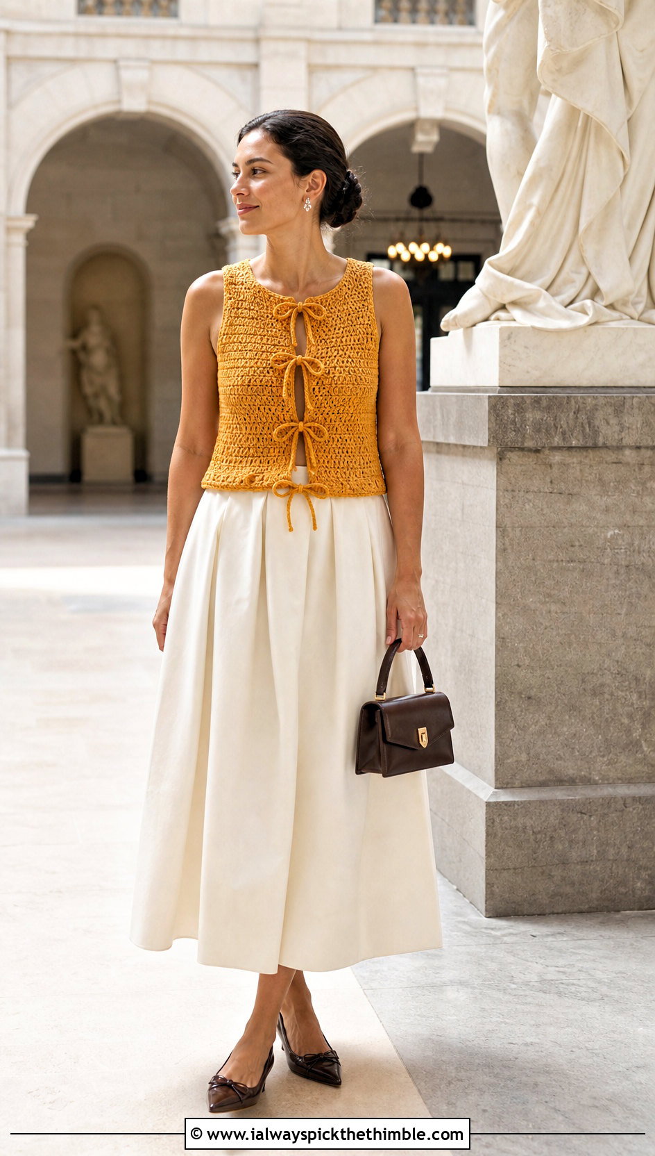 Multi Bow Crochet Top With Full Midi Skirt - 25 crochet top with ribbon outfit ideas