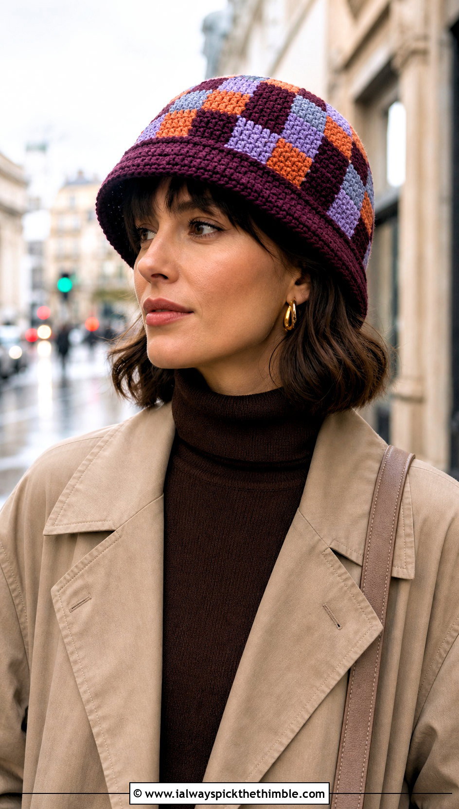 Multi Color Checkerboard Crochet Cloche With Trench Coat - 15 multi color crochet hat outfit ideas
