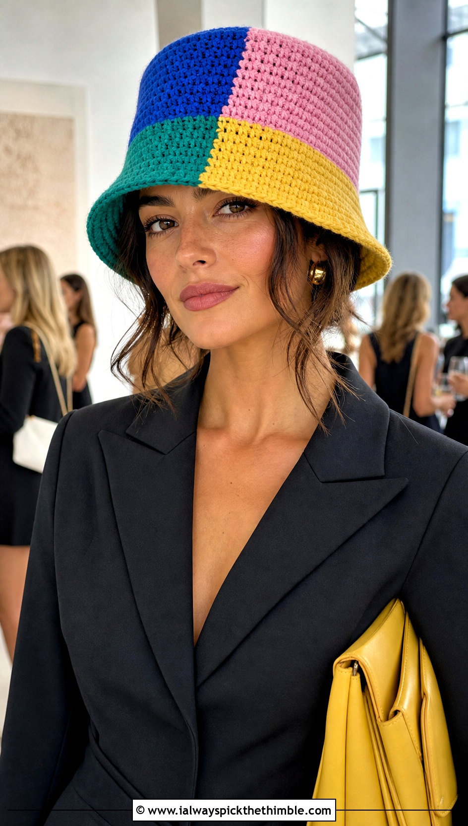 Multi Color Color Block Crochet Bucket Hat With Blazer Dress - 15 multi color crochet hat outfit ideas