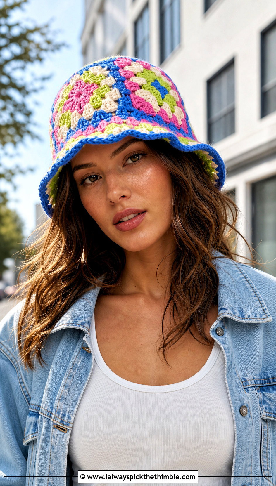 Multi Color Granny Square Crochet Bucket Hat With Denim Jacket - 15 multi color crochet hat outfit ideas