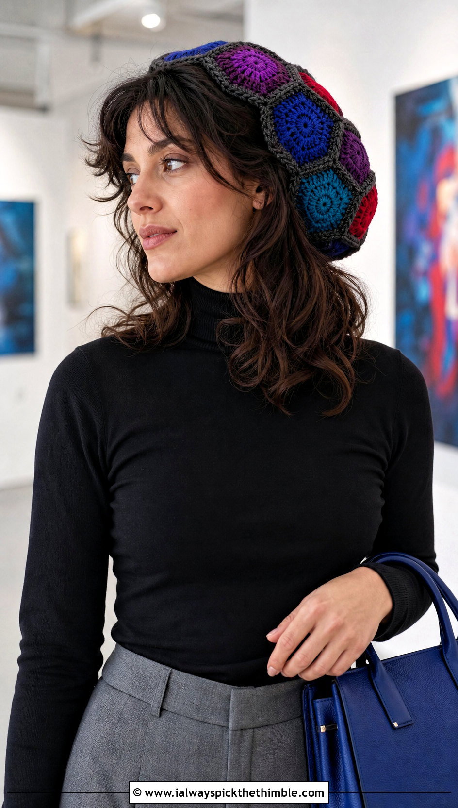Multi Color Hexagon Crochet Tam With Wide Leg Trousers - 15 multi color crochet hat outfit ideas