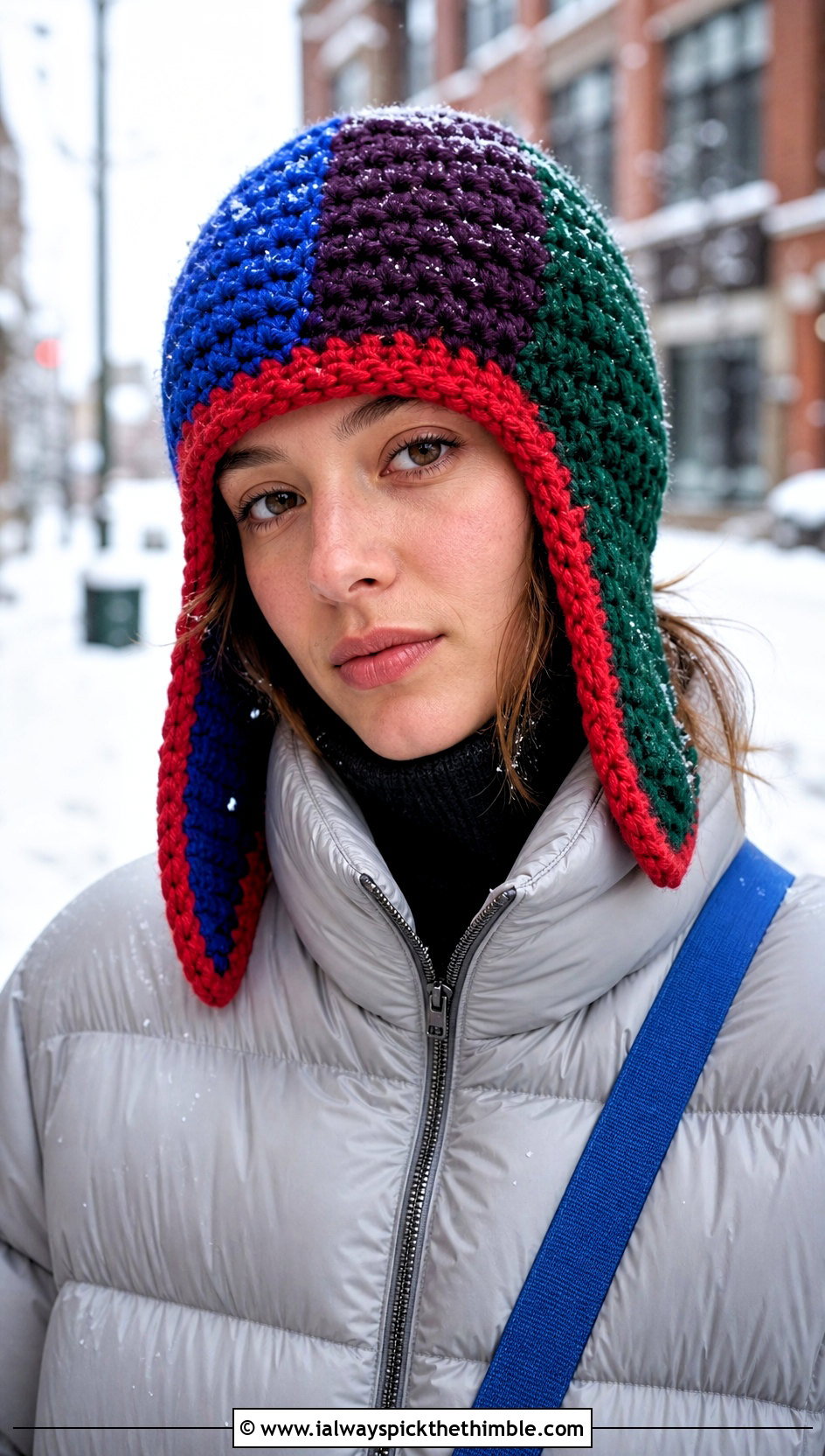 Multi Color Patchwork Crochet Trapper Hat With Puffer Jacket - 15 multi color crochet hat outfit ideas