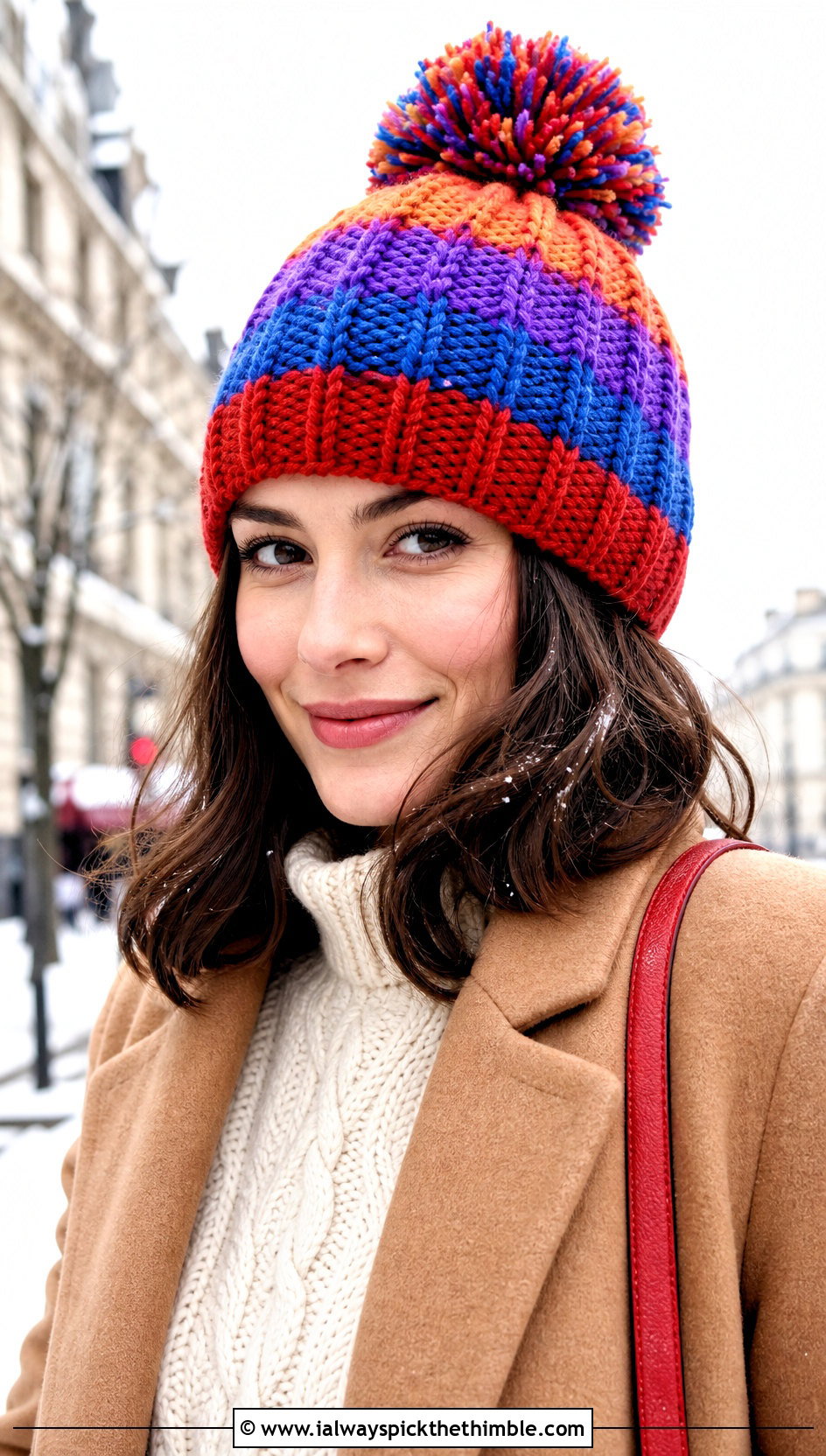 Multi Color Pom Pom Crochet Beanie With Wool Coat - 15 multi color crochet hat outfit ideas