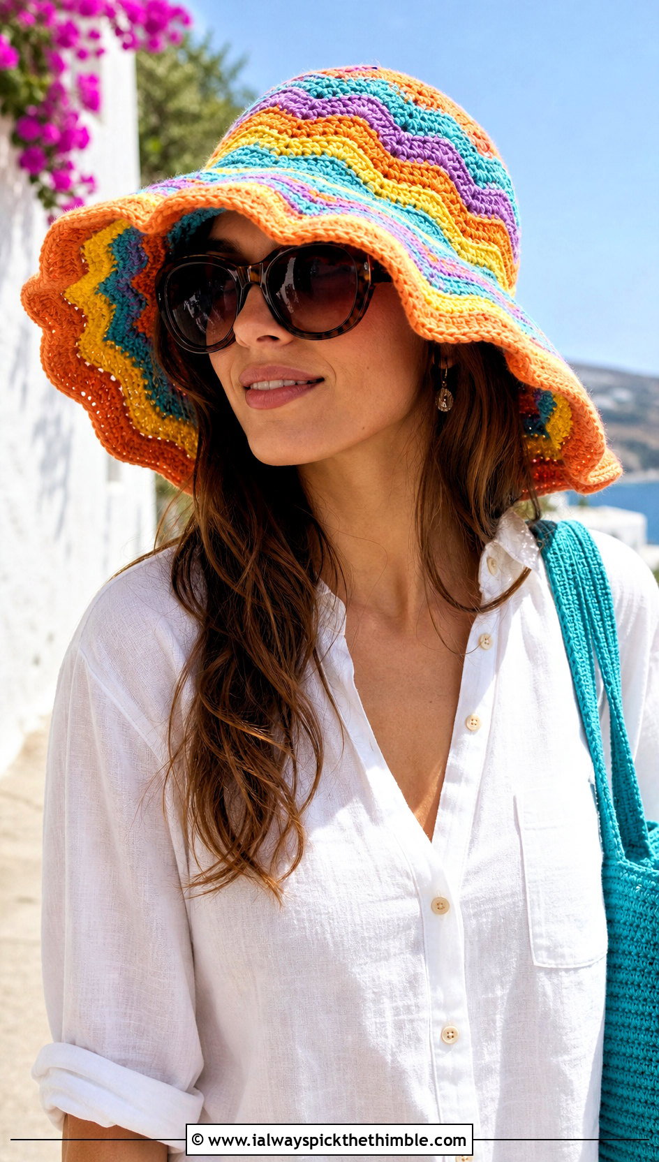 Multi Color Ripple Stitch Crochet Sun Hat With Linen Set - 15 multi color crochet hat outfit ideas