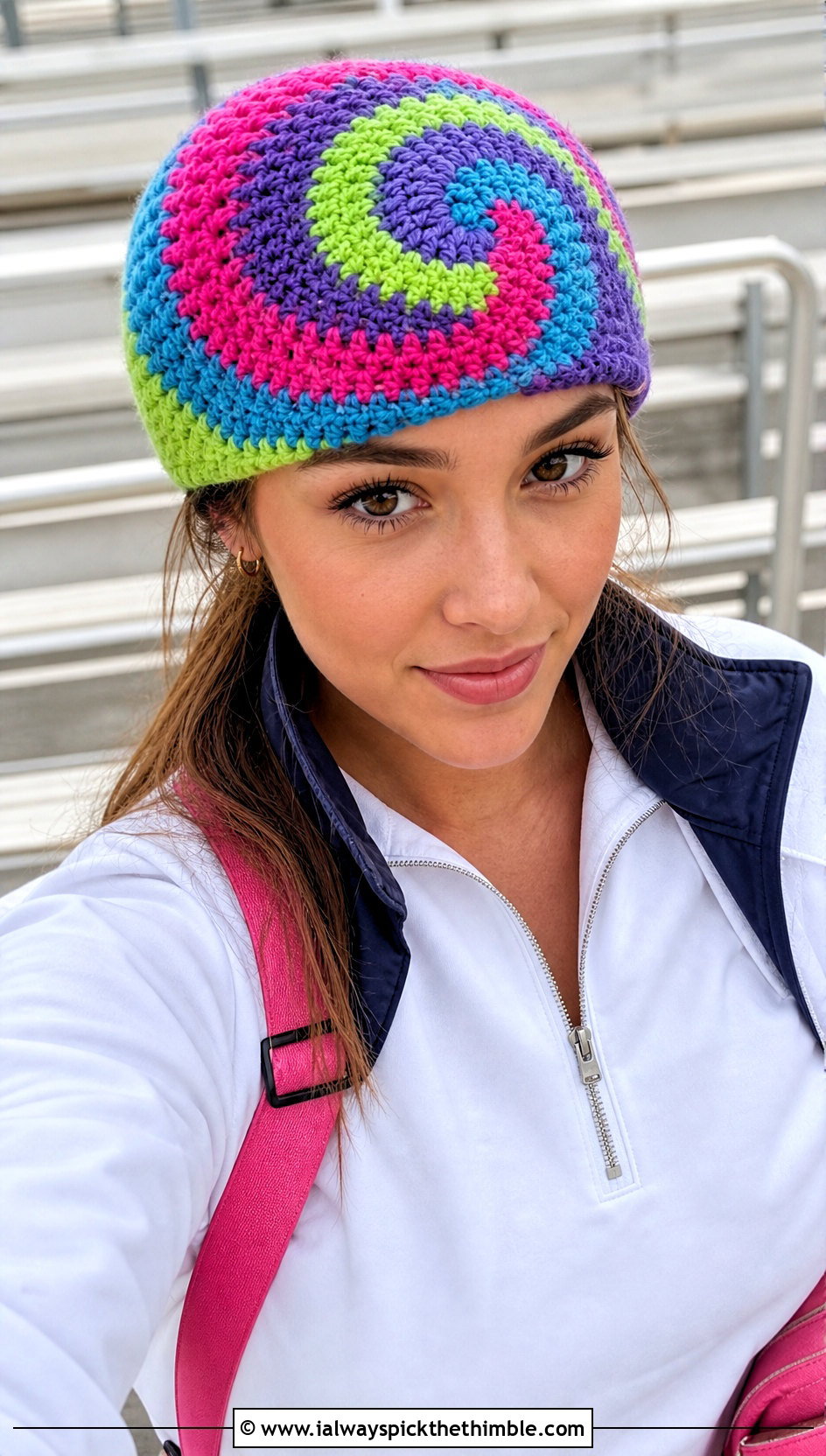 Multi Color Spiral Crochet Cap With Track Pants - 15 multi color crochet hat outfit ideas