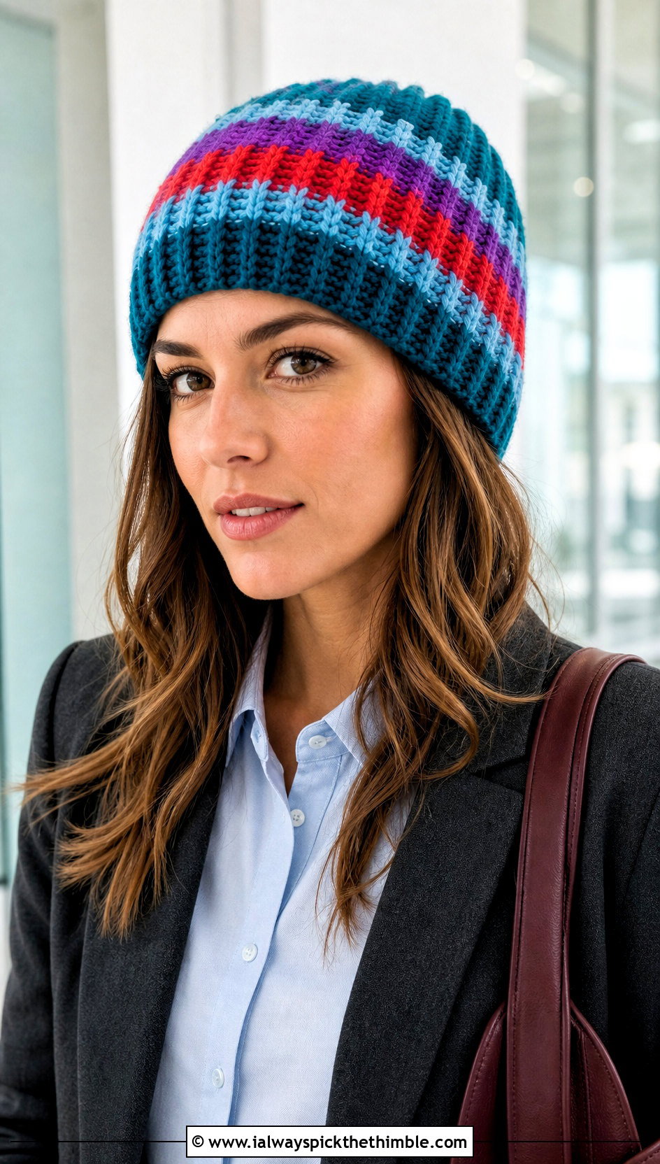 Multi Color Striped Crochet Beanie With Tailored Blazer - 15 multi color crochet hat outfit ideas