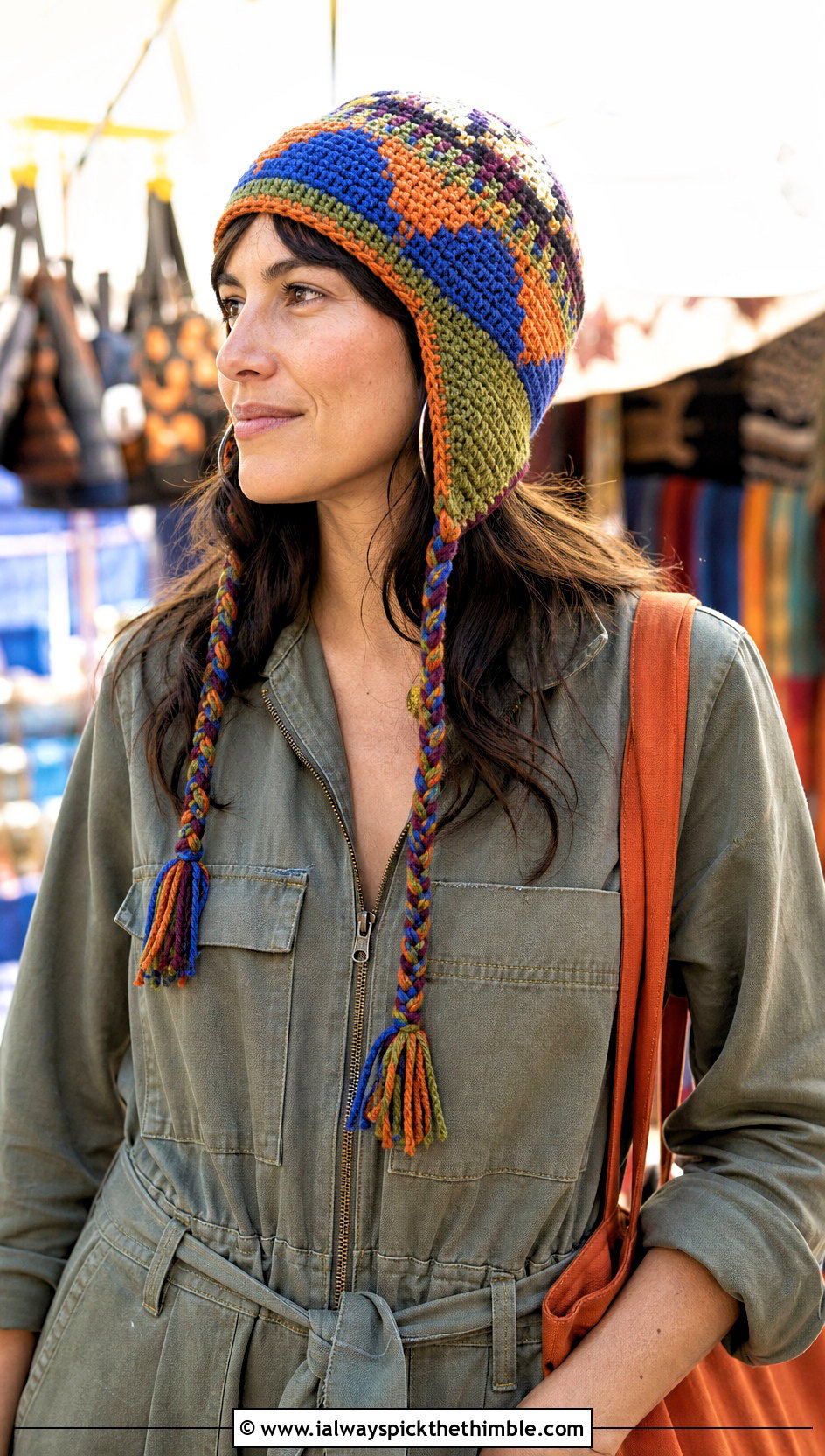 Multi Color Tapestry Crochet Earflap Hat With Utility Jumpsuit - 15 multi color crochet hat outfit ideas