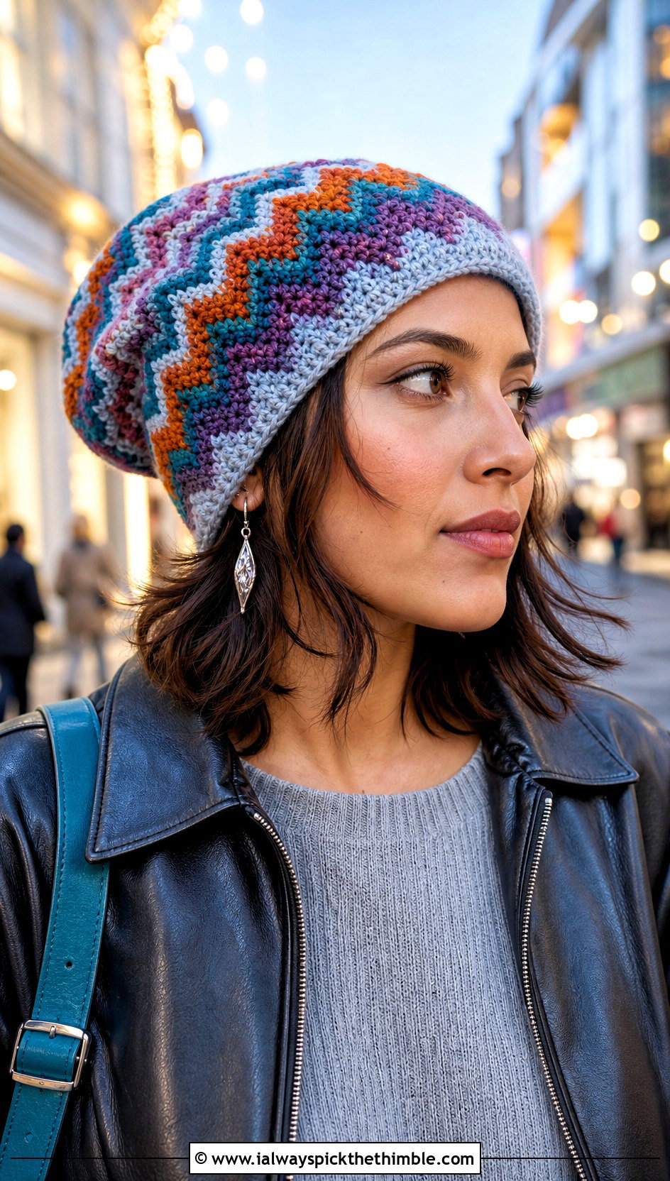 Multi Color Zigzag Crochet Slouchy Beanie With Leather Jacket - 15 multi color crochet hat outfit ideas