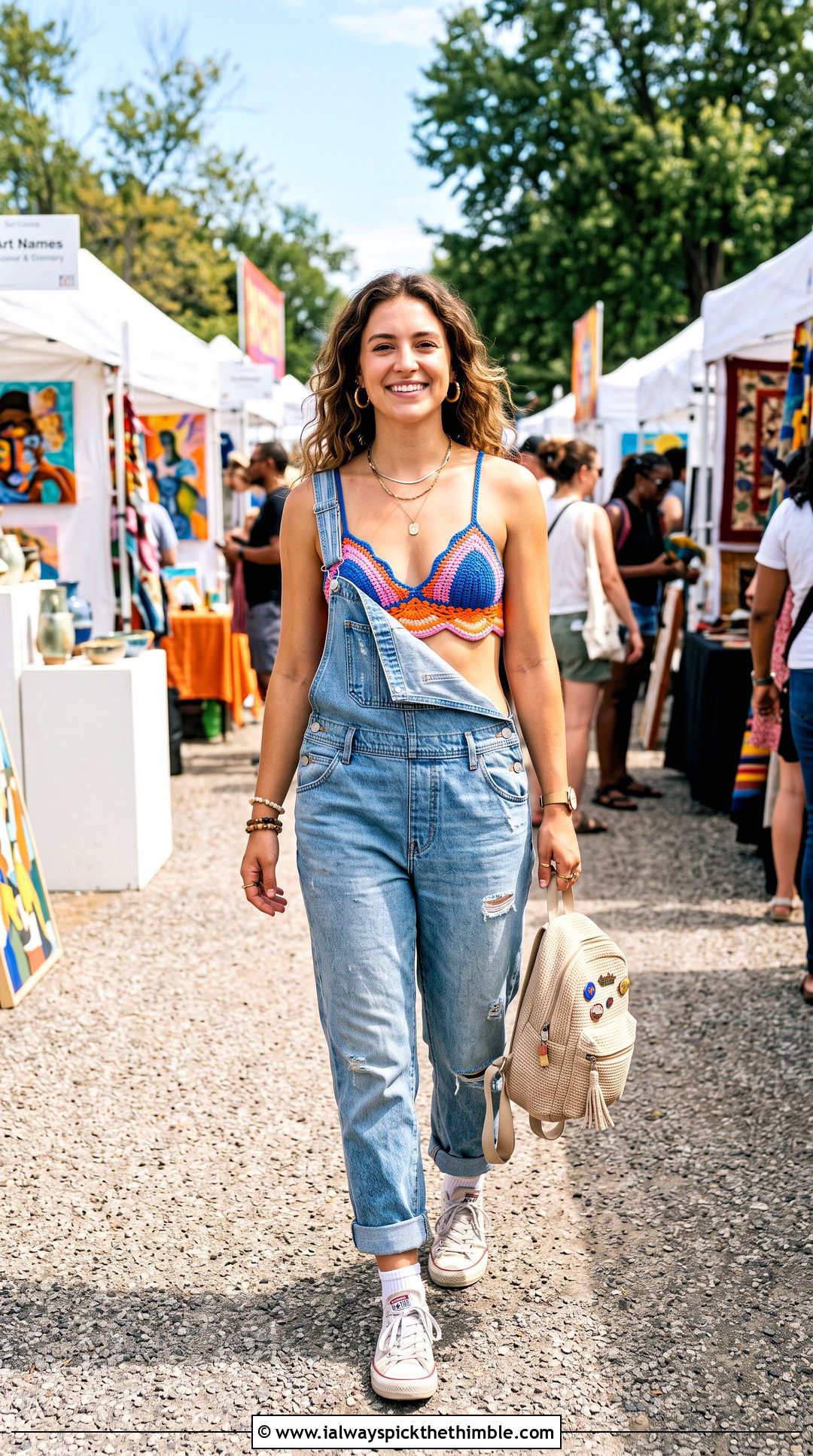Multi Shell Crochet Bra With Denim Overalls - 20 crochet shell bra outfit ideas