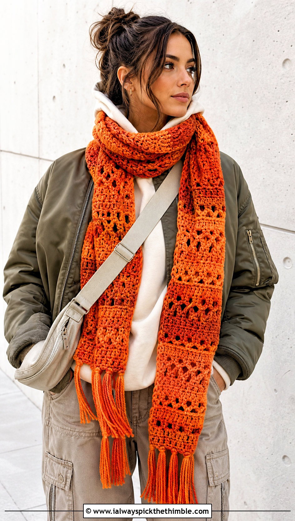 Multi Stitch Winter Wishes Crochet Scarf With Hoodie And Cargo Pants - 15 Winter Wishes Crochet Scarf outfit ideas
