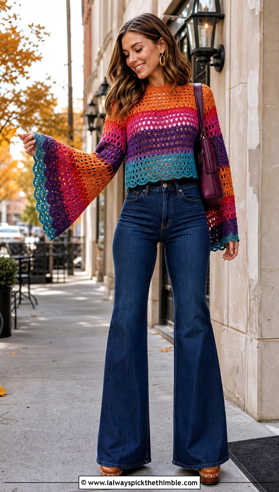 Multicolor Bell Sleeve Crochet Top With Flared Jeans - 25 multicolor crochet top outfit ideas