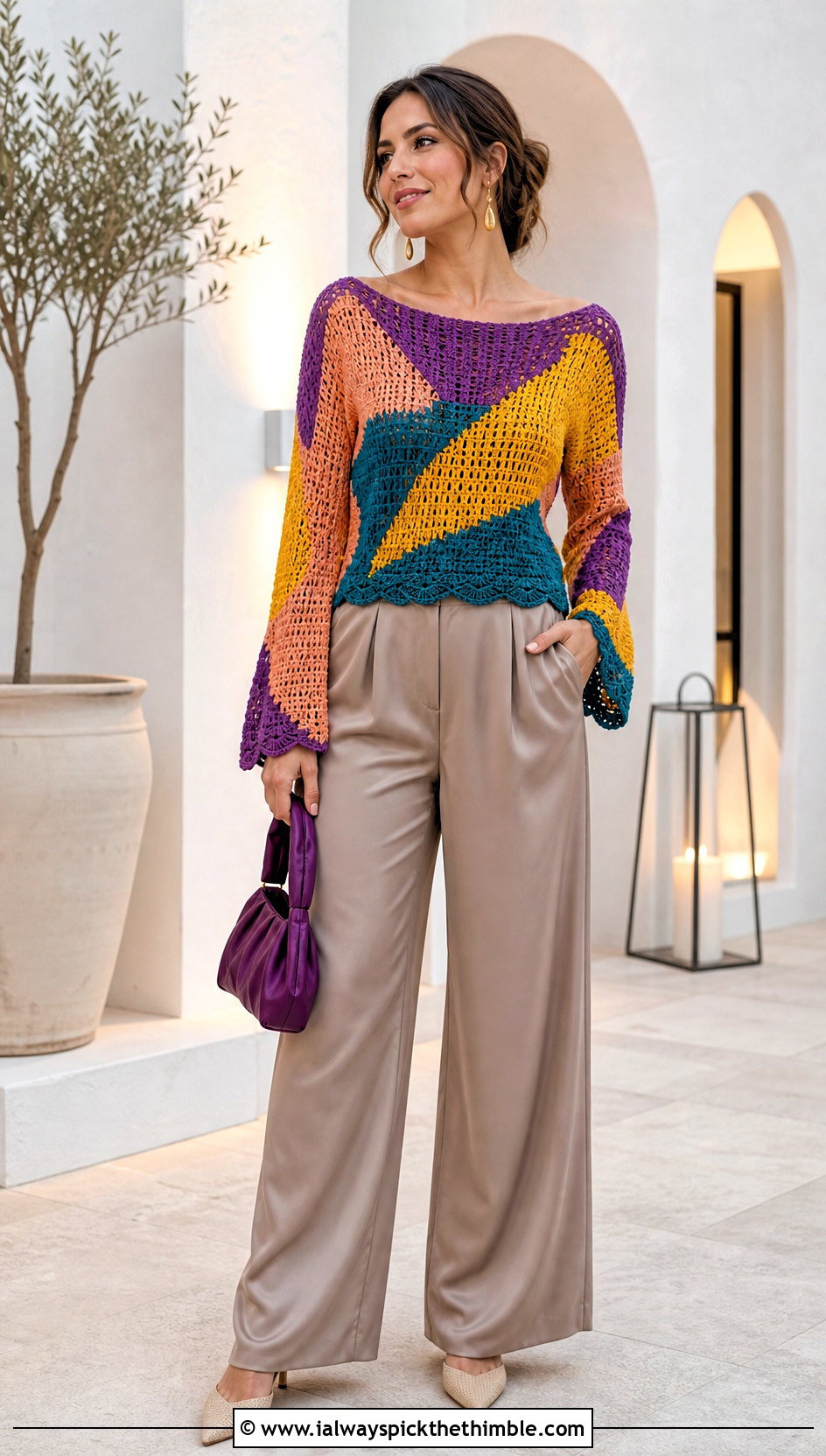 Multicolor Boat Neck Crochet Top With Satin Trousers - 25 multicolor crochet top outfit ideas