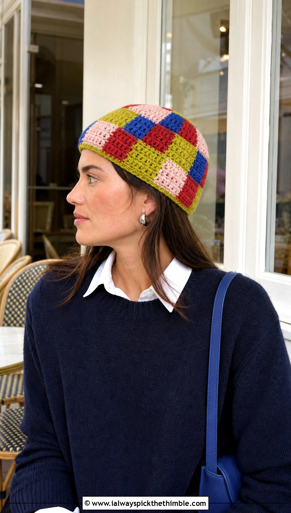 Multicolor Checkered Beanie With White Shirt - 25 crochet checkered beanie outfit ideas