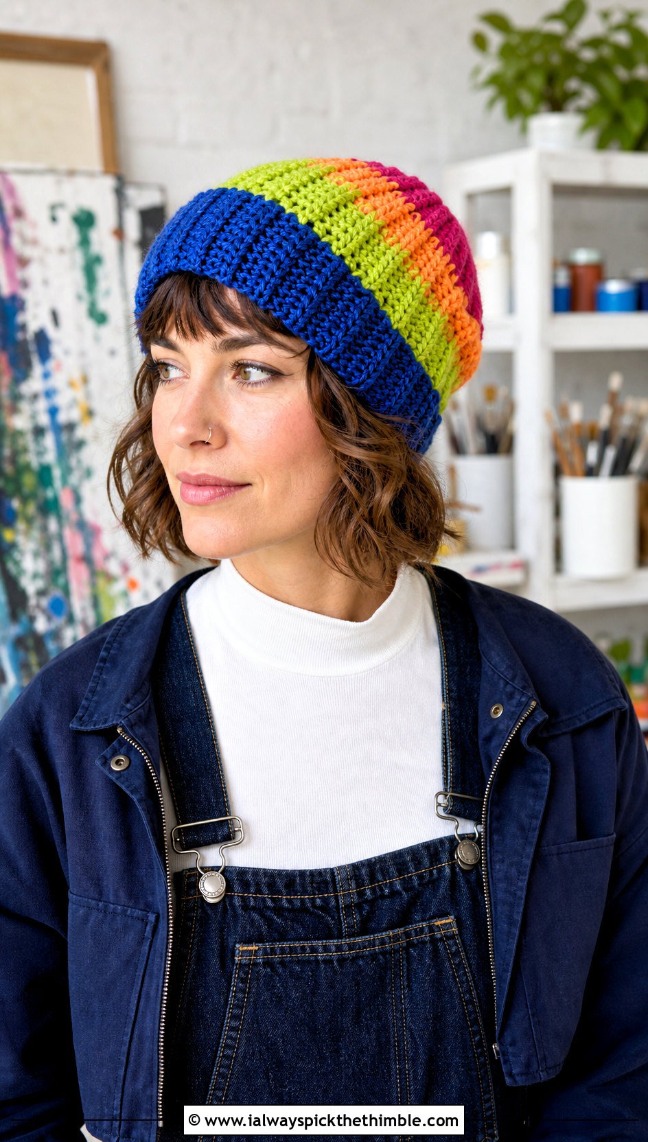 Multicolor Chunky Ribbed Crochet Beanie With Denim Overalls - 20 Chunky Ribbed Crochet Hat outfit ideas