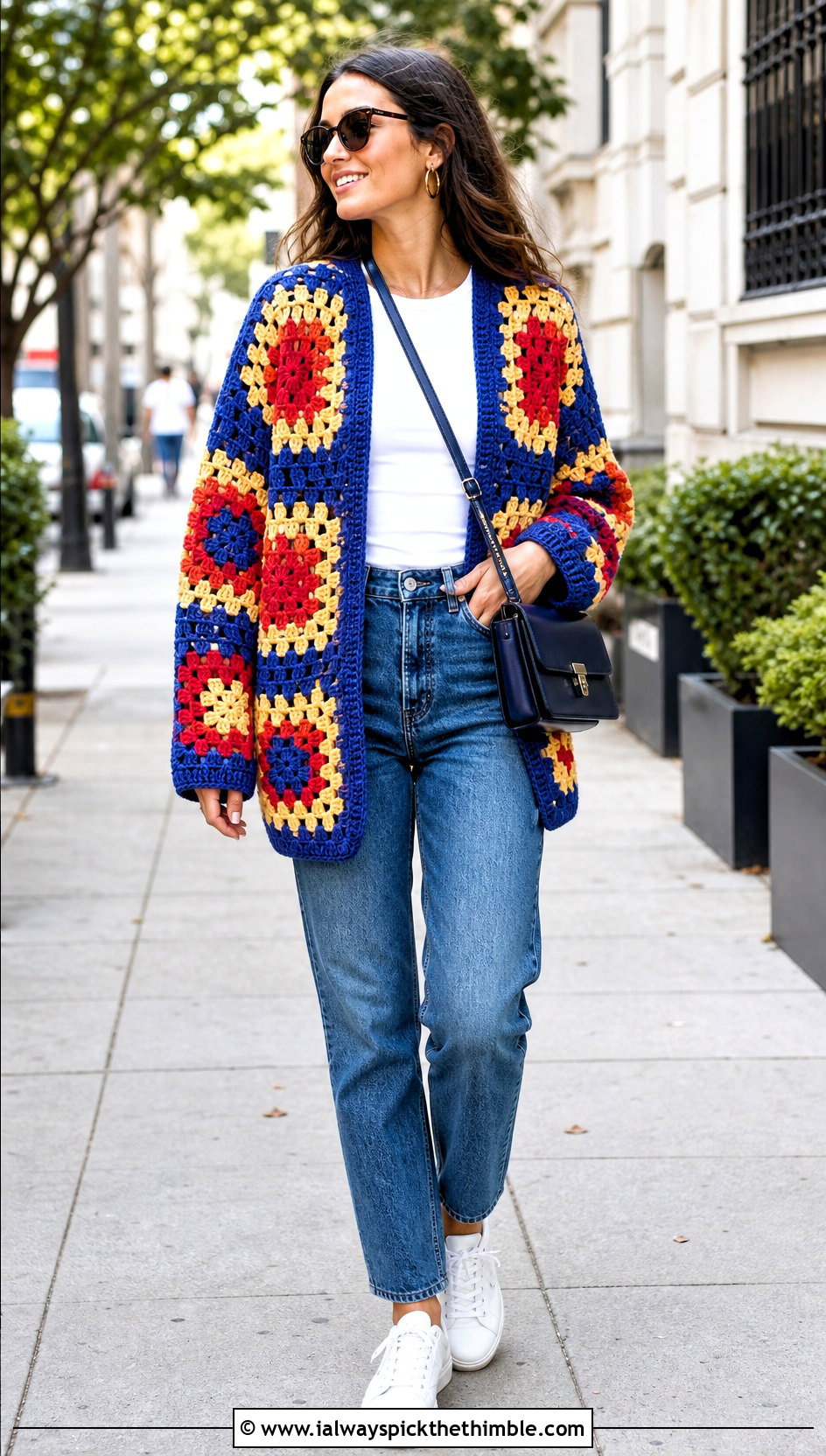 Multicolor Classic Granny Square Cardigan With Straight Leg Jeans - 20 Oversized Granny Square Cardigan outfit ideas